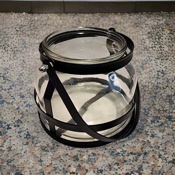 Black Metal Clear Glass Hanging / Tabletop Lantern Candle Holder 5” Tall Heavy - Picture 2 of 11